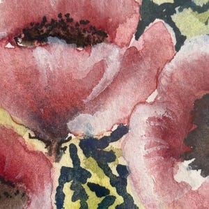 May include: Watercolour painting of vivid pink flowers with dark brown centres and green foliage. The petals have a soft, textured appearance, with subtle colour variations. The artwork has a delicate, artistic feel.