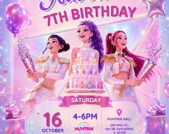 May include: A digital birthday invitation for Isabella's 7th birthday featuring three animated characters, a tiered cake, and balloons. Text includes: Join us to celebrate, Saturday October 16, 4-6PM, Huntrix Hall, 245 Main St., Springfield, IL 62704, RSVP to Mom: 012 345 6789.