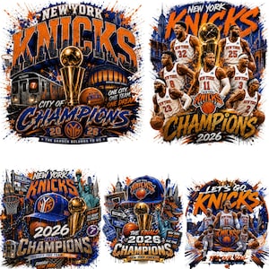 Op de afbeelding: Een verzameling van vijf grafische ontwerpen van het basketbalteam New York Knicks, inclusief kampioenschapstrofeeën, basketballen, teamspelers, het Vrijheidsbeeld, stadssilhouetten en teksten zoals New York Knicks, City of Champions en 2026.