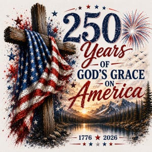 En nation under Gud penseldrag PNG 250-årsjubileum 4 juli sublimeringsdesign, kristet patriotiskt kors och USA-flagga digital nedladdning
