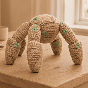 以下が含まれることがあります： ベージュ色のクロシェ編みの生き物で、丸みを帯びた体と4本の分節された脚があります。糸の表面には、体と各脚の関節に散らばった小さな刺繍の明るい緑色の円形のアクセントがあり、質感のある多パーツの形状を作り出しています。