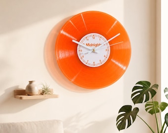 Personalised Translucent Orange Clock, Orange vinyl record style bedroom decor, Custom Midnights Label