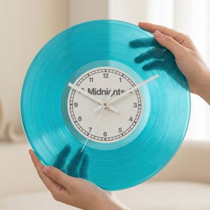 Personalised Translucent Vinyl Record Clock, Teal Blue Wall clock Custom Midnights Label