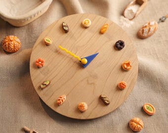Handmade Wooden Bread Clock, Bakery Kitchen Wall Clock, Movable Miniature Bread Magnets Numbers, Unique Kitchen Decor Clock