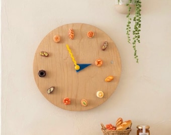 Handmade Wooden Bread Clock, Bakery Kitchen Wall Clock, Movable Miniature Bread Magnets Numbers, Unique Kitchen Decor Clock