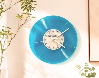 Personalised Translucent Vinyl Record Clock, Turquoise Blue Wall Clock Decor, Custom Midnights Label