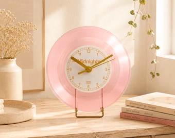 Personalised Translucent Pink Record Clock, Custom Label, 7 Inch Vinyl Style Table Clock