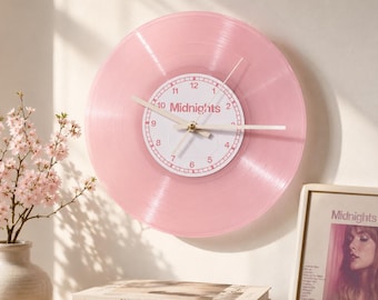 Personalised Pink Translucent Vinyl Record Clock, Midnights Pink Room Wall Decor