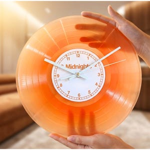 Personalised Vinyl Record Clock Deco, Orange Translucent Record Decor, Custom Midnights Label