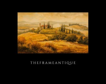 Puede incluir: Pintura al óleo de un paisaje toscano con una villa en una colina, cipreses y colinas. La obra de arte utiliza tonos cálidos de oro, marrón y verde, con un cielo nublado. El texto "THEFRAMEANTIQUE" está en la parte inferior.