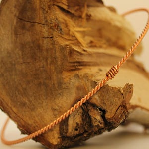 May include: A copper-colored, twisted wire necklace is displayed against a backdrop of a textured, brown wooden log. The necklace is a simple, circular design with a braided appearance. The wood has a rough, natural texture.