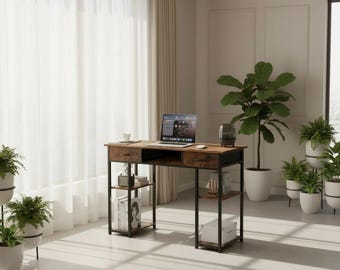 48-inch houten computerspelbureau met stoffen laden en opbergplanken - modern kantoormeubilair