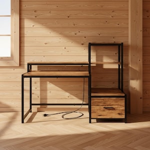 Könnte beinhalten: Ein Holzschreibtisch mit schwarzem Metallrahmen und passendem Regal. Der Schreibtisch hat eine Schublade und ein Netzkabel. Das Holz hat eine natürliche Oberfläche.