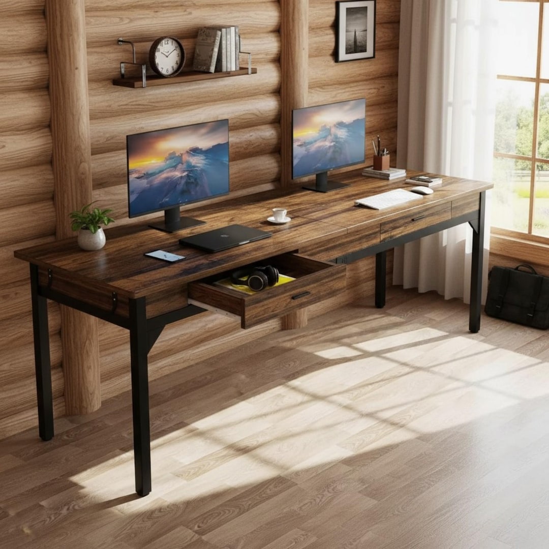 20002 Computer Desk 200cm Two Person Computer Desk With Drawers, Long Double Desk for Home ...
