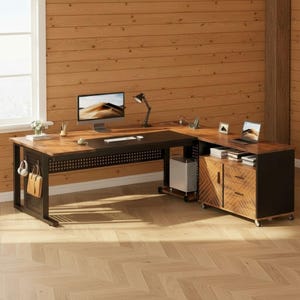 Escritorio de oficina en forma de L, cajones y archivador con ruedas / Estación de trabajo ejecutiva moderna con puertos USB