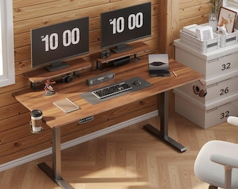 Electric Standing Desk with Adjustable Height & 2 Monitor Shelves | Walnut White Black | 55-71in Office Furniture