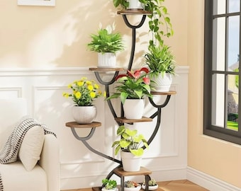 7-Tier Indoor Metal Wood Plant Stand with Grow Lights | 44.2" Tall Black Rustic Shelf for Living Room