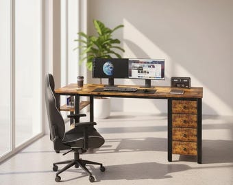 55 Inch Rustic Brown Computer Desk with 4 Drawers & Storage Shelves - Metal Base Writing Work Study Desk for Home Office
