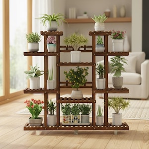 多段式木製植木鉢スタンド 天然パイン材 屋内屋外用 フラワーポット棚