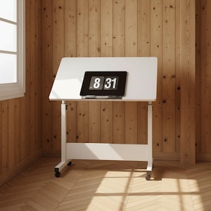 May include: A white adjustable desk with a black digital clock displaying "8 31" on top. The desk has a rectangular tabletop and is supported by white legs with small black wheels. The background features wooden paneling and a window.