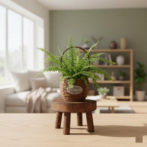May include: A small, round, wooden plant stand with three legs supports a woven basket filled with a green fern. The basket has a handle and a small tag that reads "Flowers". The fern's fronds spill over the sides of the basket.