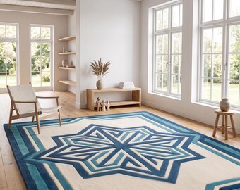 Blue Geometric Area Rug | Moroccan Inspired Handmade Tufted Rug | Modern Luxury Statement Carpet | Scandinavian Living Room Rug