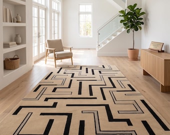 Hand Tufted Modern Geometric Wool Rug, Black Beige Abstract Area Rug, Minimalist Scandinavian Living Room Rug, Luxury Handmade Carpet