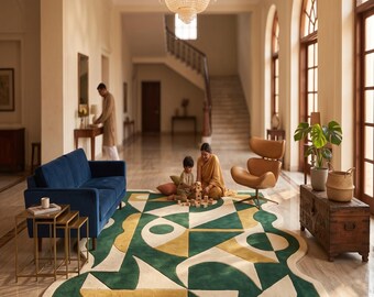 Handmade Abstract Wool Rug, Modern Geometric Area Rug, Irregular Tufted Carpet, Green Living Room Rug, Scandinavian Home Decor