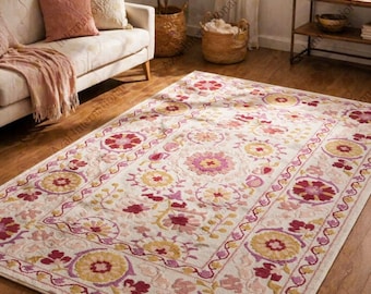 Hand Tufted Suzani Inspired Rug, Traditional Floral Medallion Wool Carpet, Vintage Area Rug, Handmade Living Room Decor
