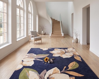 Hand Tufted Floral Wool Area Rug, Navy Blue Botanical Rug, Luxury Handmade Living Room Carpet, Modern Flower Bedroom Rug, Custom Size