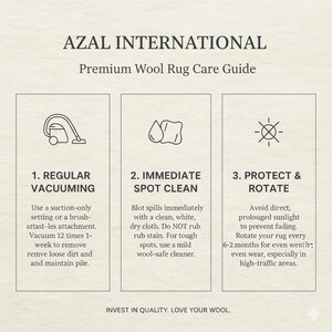 Peut inclure: Un guide d'entretien pour tapis en laine de qualit&eacute; sup&eacute;rieure, avec des instructions pour l'aspirateur, le nettoyage des taches et la protection contre le soleil. Le guide comprend des illustrations et du texte, intitul&eacute; "AZAL INTERNATIONAL".