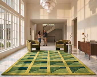 Hand Tufted Green Geometric Wool Rug, Modern Abstract Area Rug, Scandinavian Living Room Carpet, Handmade Contemporary Rug, Custom Size