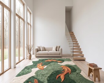 Hand Tufted Koi Fish Rug, Modern Wool Area Rug, Japanese Inspired Carpet, Luxury Living Room Rug, Nature Decor, Handmade Designer Rug
