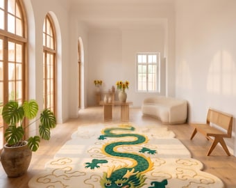 Green Chinese Dragon Rug | Handmade Tufted Wool Area Rug | Oriental Dragon Carpet | Custom Shaped Rug | Luxury Living Room Decor