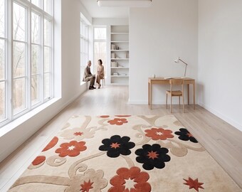 Floral Hand Tufted Wool Rug, Vintage Botanical Area Rug, Beige Modern Flower Carpet, Scandinavian Boho Rug, Living Room Bedroom Decor