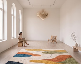 Modern Abstract Rug | Handmade Tufted Area Rug | Luxury Contemporary Living Room Carpet | Neutral Color Block Rug | Designer Home Decor