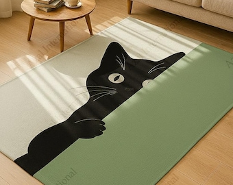Hand-Tufted Wool Rug, Black Cat Peeking, Sage Green Animal Lover Area Rug