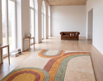 Rainbow Tufted Area Rug | Handmade Modern Abstract Rug | Scandinavian Boho Nursery Carpet | Minimalist Pastel Rainbow Rug