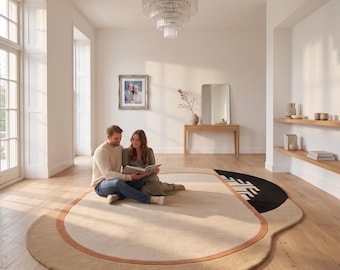 Irregular Shape Hand Tufted Wool Rug, Abstract Beige Area Rug, Modern Minimalist Carpet, Scandinavian Organic Rug, Contemporary Living Room.