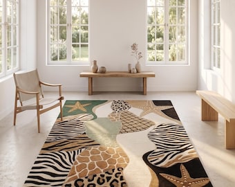 Safari Animal Print Area Rug | Luxury Abstract Handmade Tufted Rug | Zebra Leopard Giraffe Pattern Carpet | Modern Statement Living Room Rug