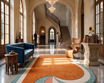 Handmade Abstract Wool Rug | Modern Orange Irregular Area Rug | Luxury Tufted Carpet | Contemporary Living Room Rug | Japandi Scandinavian.