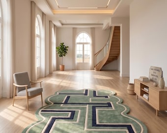 Hand Tufted Geometric Wool Rug | Sage Green Abstract Area Rug | Modern Luxury Scalloped Rug | Custom Designer Carpet | Living Room Decor