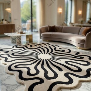 Irregular Scalloped Black and White Wool Rug, Hand-Tufted Sunburst Carpet, 3D Textured Amoeba Design