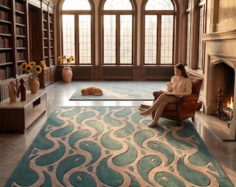 Teal Abstract Area Rug | Handmade Modern Geometric Tufted Rug | Mid Century Contemporary Carpet | Luxury Living Room Statement Rug