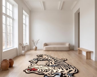 White Tiger Rug, Hand Tufted Animal Rug, Custom Shape Floor Rug, Wild Cat Room Decor, Statement Art Carpet, Maximalist Home Decor