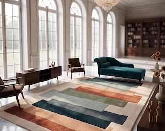 Modern Geometric Area Rug | Handmade Tufted Abstract Rug | Color Block Living Room Carpet | Contemporary Minimalist Rug
