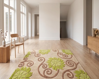 Hand Tufted Floral Area Rug, Green Beige Botanical Wool Rug, Modern Farmhouse Living Room Rug, Luxury Handmade Bedroom Carpet,