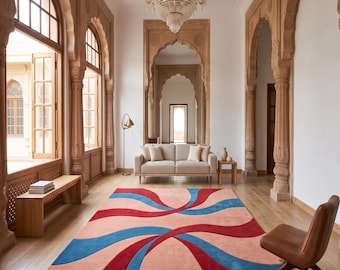 Hand Tufted Abstract Wave Rug, Modern Wool Area Rug, Mid Century Living Room Carpet, Contemporary Geometric Floor Rug, Luxury Home Decor