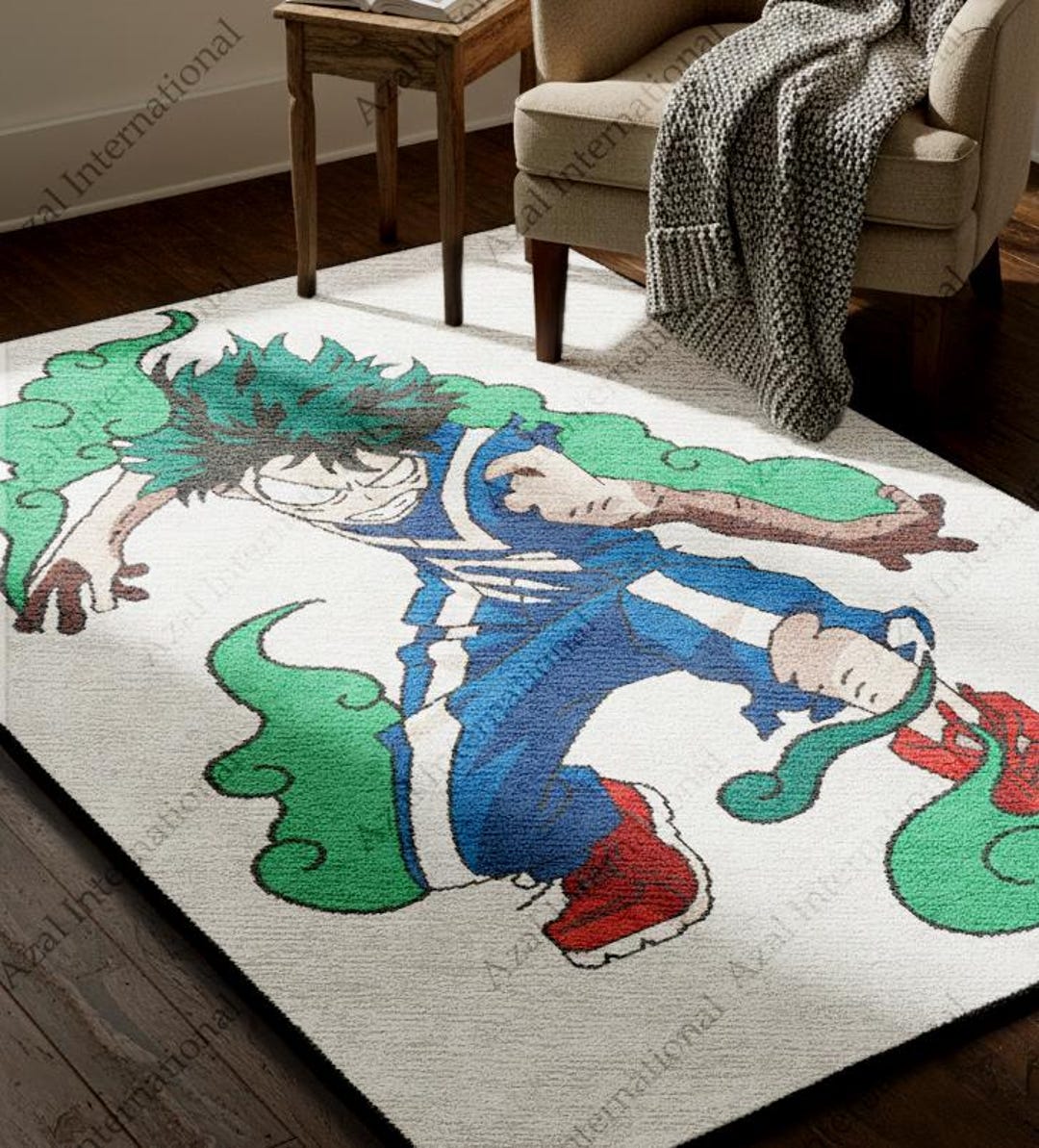 Kids Dynamic Anime Hero Action Hand Tufted Rug With Green Energy ...