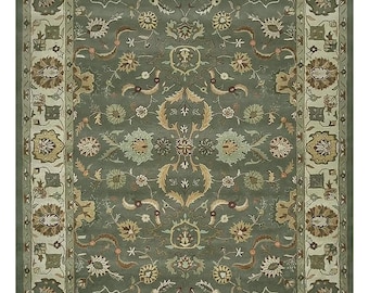 Handgetuft oushak-tapijt, vintage bloementapijt, tapijt in traditionele Perzische stijl, saliegroen oosters tapijt, luxe woonkamertapijt
